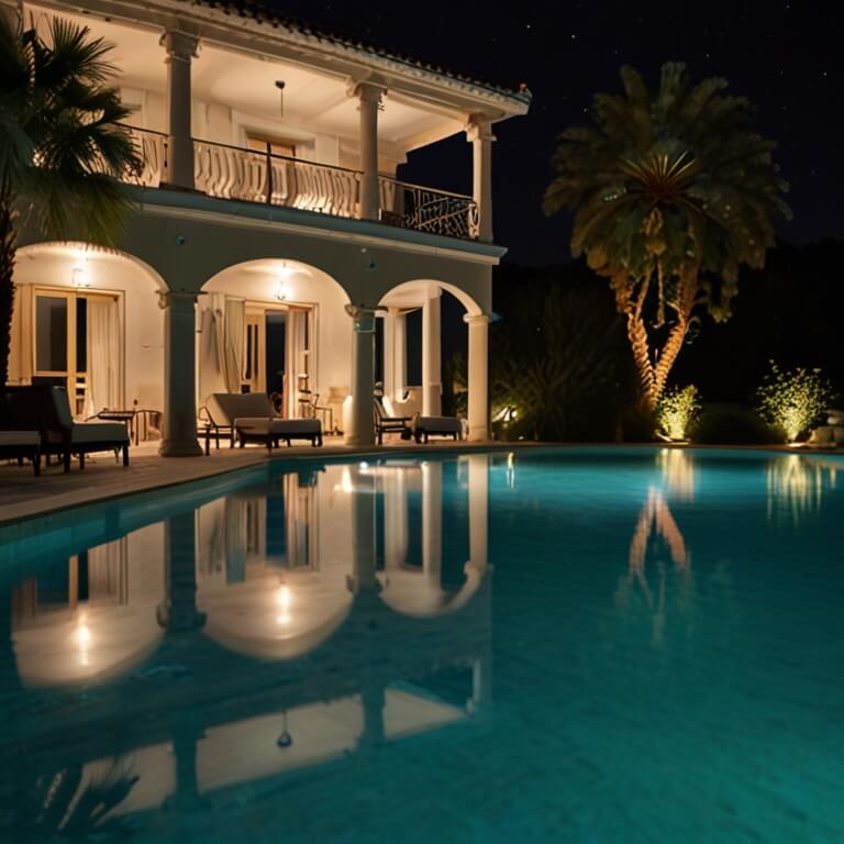Piscine avec éclairage LED la nuit.